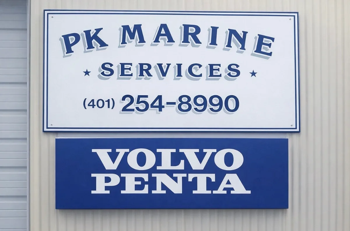 PK Marine Service storefront sign in Bristol, Rhode Island — Volvo Penta certified marine repair shop