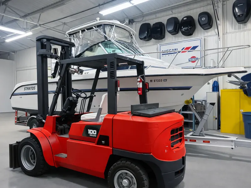 Stratos sportboat lifted by forklift inside the PK Marine Service showroom in Bristol, RI