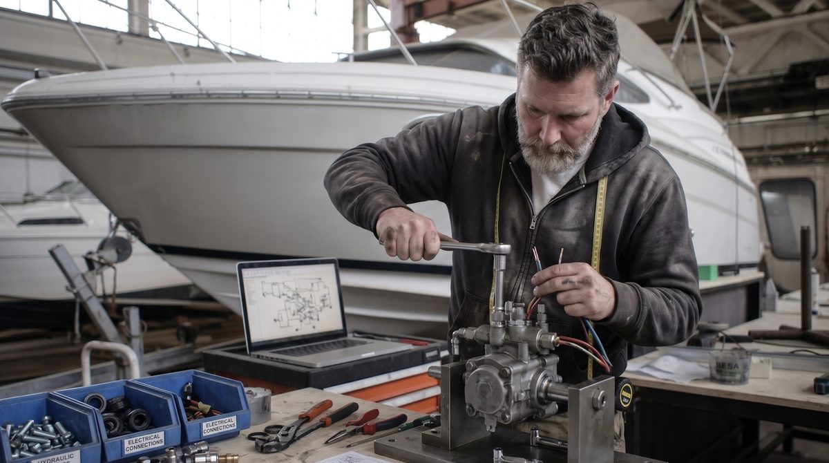 Marine technician at work in the PK Marine shop